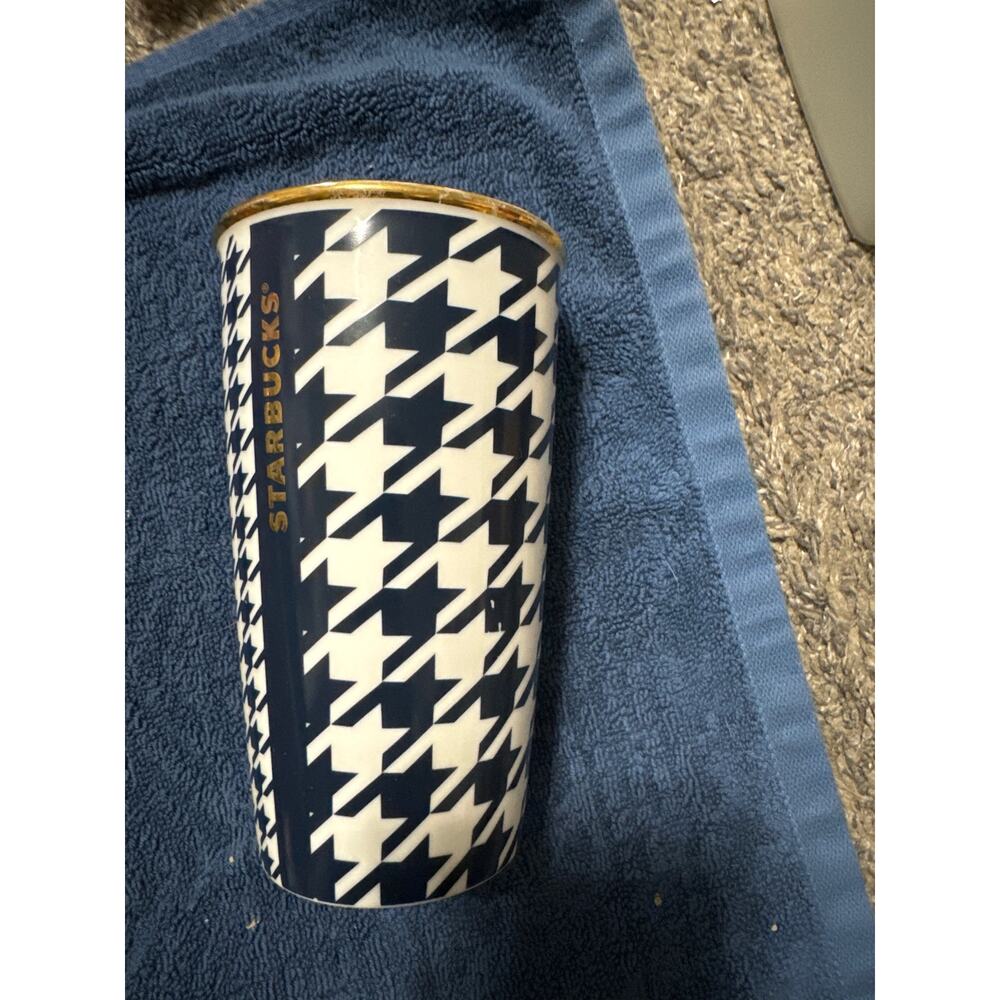 Starbucks glass cup white and dark Blue‎ patterned 12oz